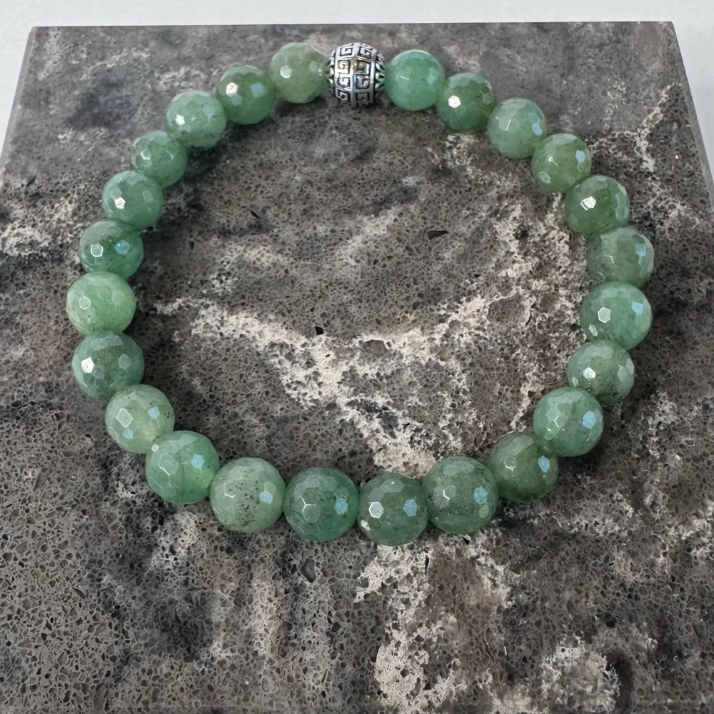 HAND CRAFTED Faceted Jade Stretch Bracelet 7” Green Silver Greek Key Beaded NWT